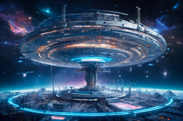 Futuristic Space Station Orbiting a Cosmic Landscape. Generative AI.