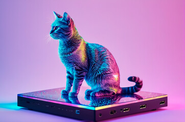 Futuristic Cat with Neon Colors on Tech Platform. Generative AI.