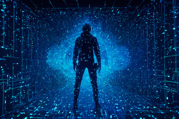 Futuristic Silhouette in Digital Matrix Environment. Generative AI.