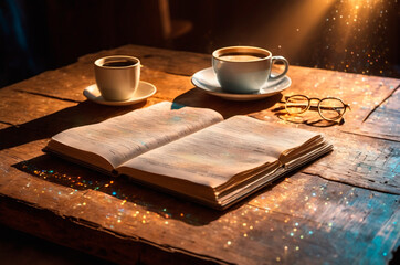 Cozy Coffee and Reading Moment with Sunlit Ambiance. Generative AI. 