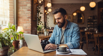 Freelancer Photographer Editing Photos in Cozy Cafe Laptop, Coffee, and Creative Workflow
