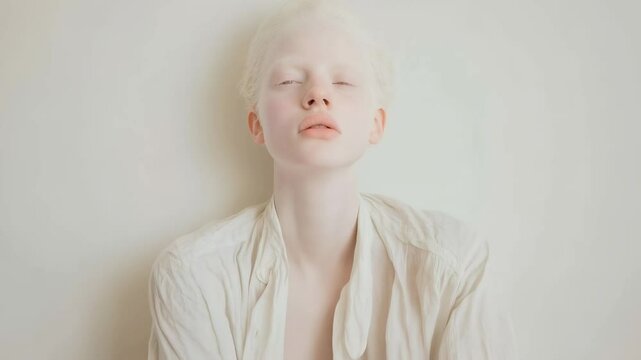 Albino model poses with eyes closed and slightly open mouth, wearing a partially unbuttoned white shirt against a seamless white background