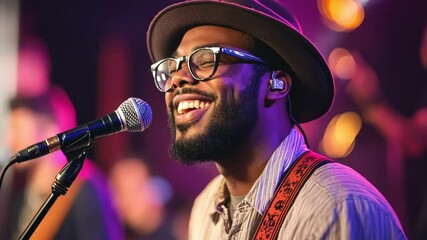 One African American man singing into microphone wearing hat and glasses on stage, performance. Music performance. - Powered by Adobe