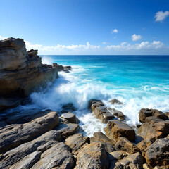 Obraz premium Ocean Waves Hitting Rocky Shoreline under Blue Sky