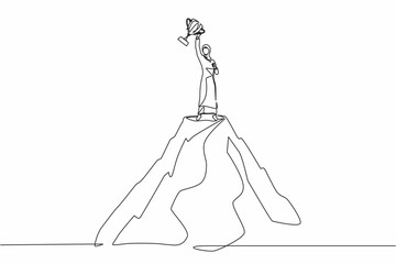 Continuous one line drawing success on top. Arab businesswoman on top of mountain holding trophy in raised hands. Winner, happiness, reaching goal. Single line draw design vector graphic illustration