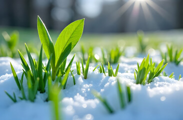 Green sprouts grow through the snow close up view 