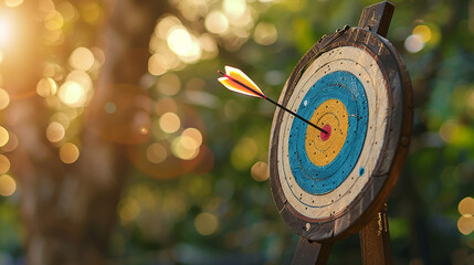 A wooden archery target with an arrow precisely hitting the center. The image conveys success and accuracy, suitable for a motivational theme.