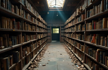 Old ruined library, inside the room 