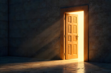 Light shines through the door, an open door in an empty hall from which light comes, a door to heaven
