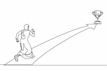 Single one line drawing Arabic businesswoman running on forward arrow to get trophy. People ready to start career and business. Manager running towards goal. Continuous line draw design vector graphic
