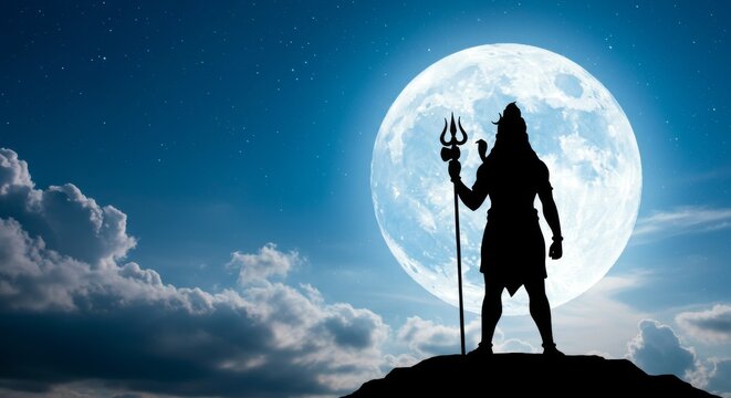 Silhouette of Shiva with trishul in front of full moon, clouds and shining blue sky, top left copy space.