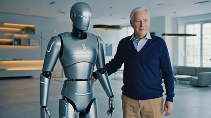 AI robot assistant helping elderly man in modern smart home, realistic human emotion and natural lighting, editorial tone