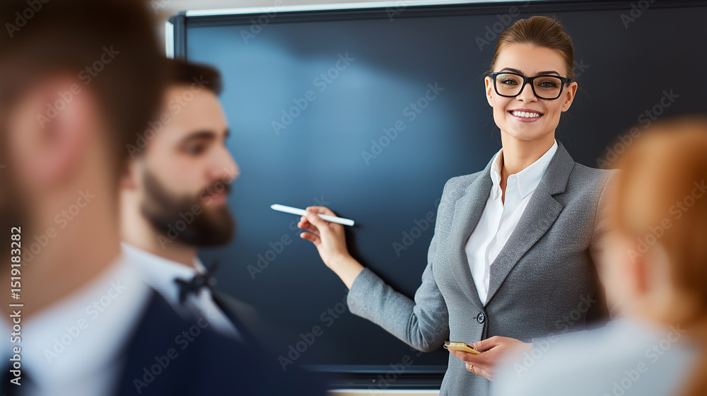 Poster a well-dressed educator stands confidently at the blackboard, presenting key lessons to an attentive