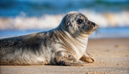 Fototapeta premium Atlantic Grey Seal Pup Frolicking on Sandy Beach Playful Halichoerus Grypus Amidst Warm Coastal Hues and SunKissed Shoreline