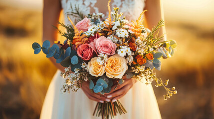Elegant bride holding a vibrant wedding bouquet of roses, peonies, and poppies in warm sunlight