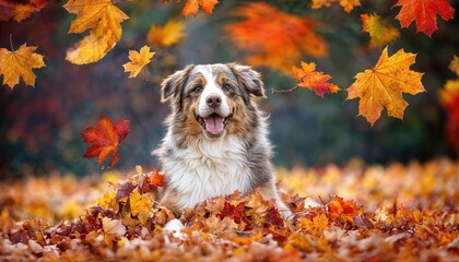 Australian Shepherd Puppy Marveling in Autumnal Bliss Amidst Fallen Leaves, Expressing Joy and Awe amid Natures Majesty