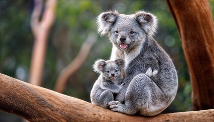 Australian Koala Bear with Baby Adorable Moment in a Gum Tree at Sunset Down Under, Warm Embrace of Natures Wild Beauty
