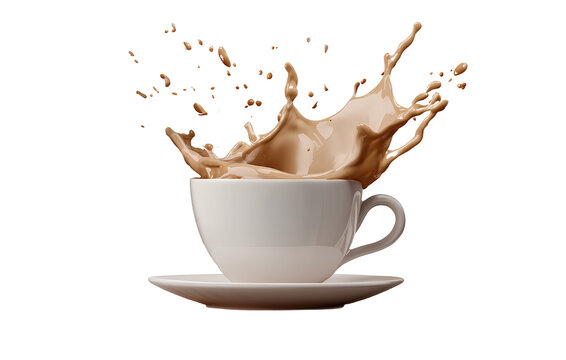 Spilled Coffee with Cup Tipping Over, Transparent Background
