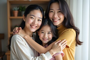Portrait of Asian girl hugging her mother and grandmother making a family photo.