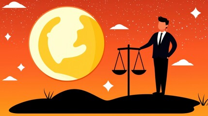 Obraz premium Businessman Silhouette with Scales of Justice Under a Large Yellow Moon at Night