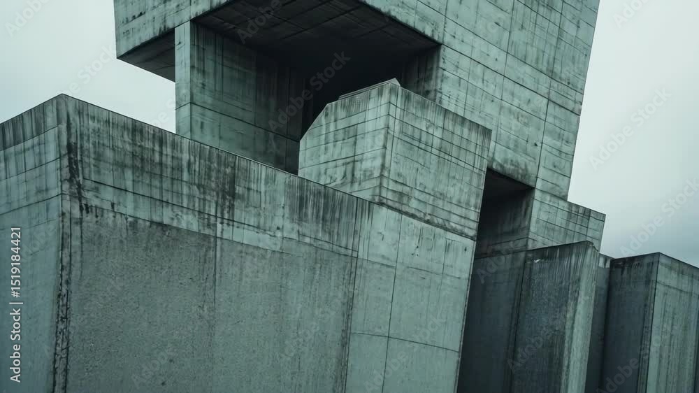 Poster abstract brutalist architecture with concrete geometric shapes under cloudy sky. contemporary buildi