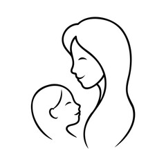 Simple black and white line art illustration of mother and baby smiling happily