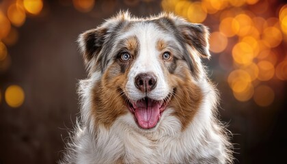 Playful Australian Shepherd Gazing Intently, Capturing Attention with Bright Blue Eyes and Pristine White Fur in a Warm Indoor Setting, Showcasing Vibrant Emotion and Friendly Spirit.