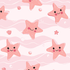 Adorable Kawaii Starfish Seamless Pattern Pink Ocean Waves Background