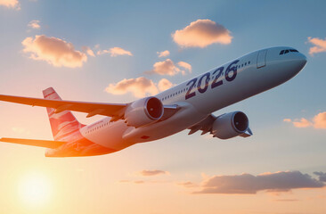 A futuristic airplane with the numbers 2026 floating in the clouds. A concept for new journeys.