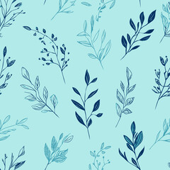 Seamless Light Blue Vector Pattern with Dark Blue Botanical Branches and Leaves