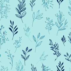 Seamless Light Blue Floral Pattern Vector Botanical Illustration