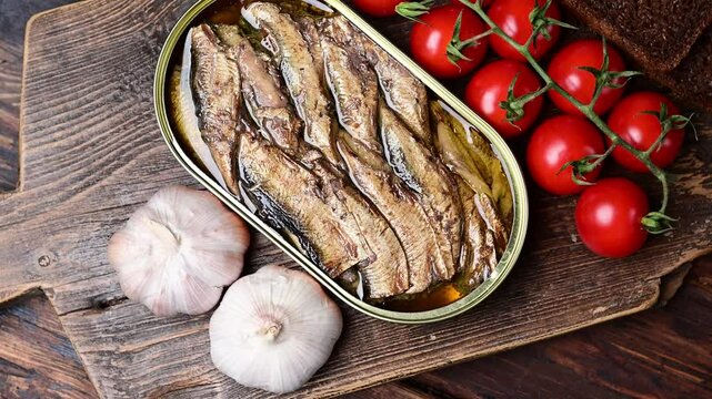 smoked sprats served with ripe tomatoes and garlic