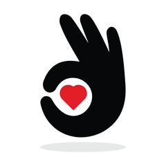 Obraz premium Perfectly ok hand symbol vector. OK hand sign icon. Hand and heart shape abstract design. Love hand sign. silhouette, Vector illustration.