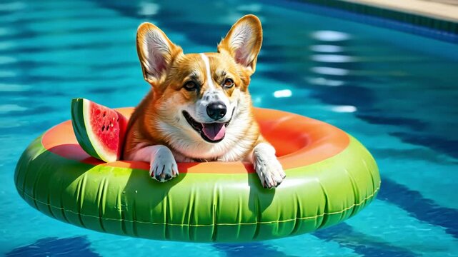 Happy Corgi dog on float in pool with watermelon. Summer, fun, pet.