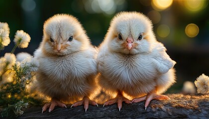 Baby Chicks in a Nest at Sunrise, Delicate Creamy Feathers Softening the Morning Light with a Hint of Yellow and Brown, Snuggled Together in a Rustic Coop, Capturing the Tender Moments of New