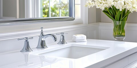 Fototapeta premium silver faucet in white bathroom close up