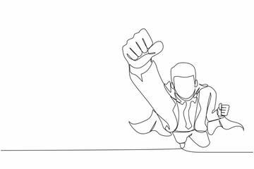 Single continuous line drawing superhero businessman wearing cape. Manager leader flying up with stretched arm clenched fist. Super businessman fly forward. One line draw design vector illustration © Simple Line