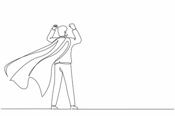 Single continuous line drawing back view super businessman. Man in strong base and suit. Success and victory in business. Superhero in cloak. Dynamic one line draw graphic design vector illustration