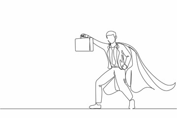 Continuous one line drawing male businessman superhero standing with suitcase. Portrait of young office worker. Office, business, employee concept. Single line draw design vector graphic illustration