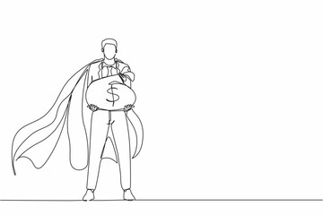 Obraz premium Single continuous line drawing gigantic profits of financial success. Super businessman hero with a bag of money. Business metaphor concept. Dynamic one line draw graphic design vector illustration