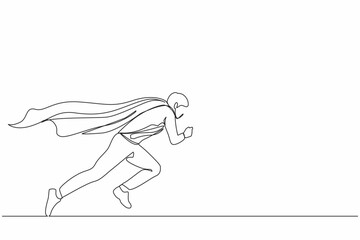 Continuous one line drawing super businessman running fast. Business superhero rushing on duty, business concept goal, achievement, and success. Single line draw design vector graphic illustration