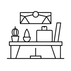 Minimalist shelf arrangement with decorative items and a suitcase outline in vector style