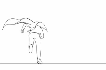 Single one line drawing back view businessman superhero running to office. Powerful businessman enthusiastic with ideas and innovation. Modern continuous line draw design graphic vector illustration