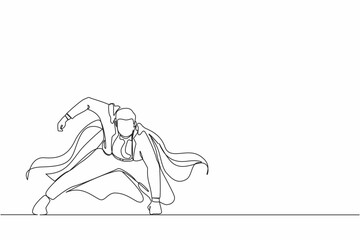 Continuous one line drawing young businessman with superhero mantle in landing powerful action. Office worker ready to fight for career achievement. Single line draw design vector graphic illustration