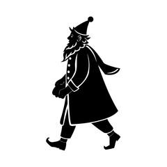 Silhouette illustration of a walking cartoon dwarf with a long coat and a pointed hat