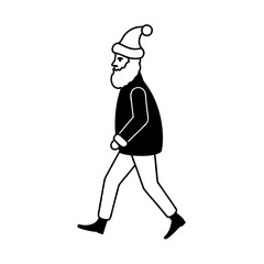 Walking silhouette illustration of santa claus in a simple modern black and white design