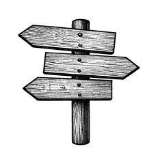 Engraved illustration of a wooden signpost with three arrow-shaped signs pointing in different directions