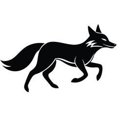 Fototapeta premium A black fox running swiftly through a natural landscape, illustrated in a simple graphic style from a side viewpoint.