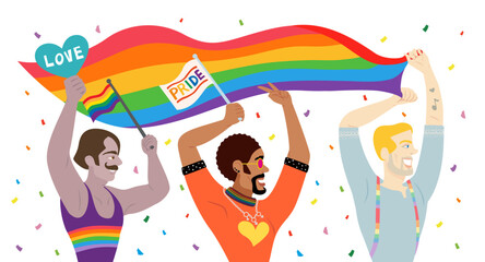 Pride LGBTQ People Parade Rainbow Flags. Celebrates LGBT pride month. Illustration, Poster, Vector , Background or wallpaper.   