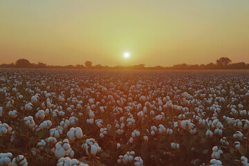 Cotton field at sunrise with golden sky, symbolizing agriculture, harvest season, natural fiber production